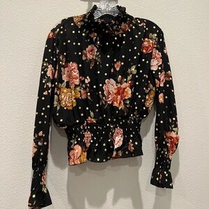 Black, floral, zip neck, long sleeve, blouse.